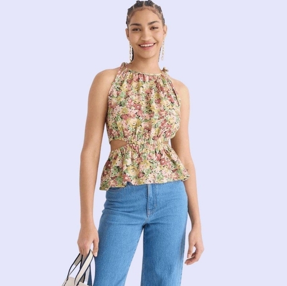 J. Crew Cutout Linen Tank Top in Painterly Floral - Picture 1 of 12